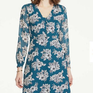 Long Sleeve V-Neck Fit & Flare Dress Teal Floral
